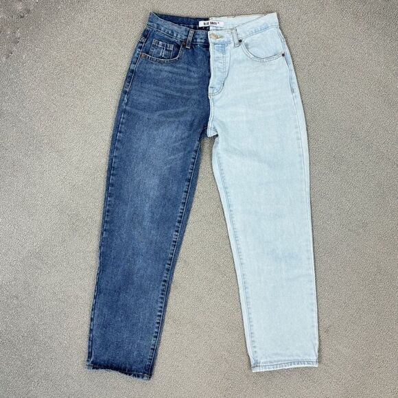 Blue Savvy Two Tone High Rise Mom Jeans Blue Juniors 5 27 Straight Leg Button - Picture 7 of 13